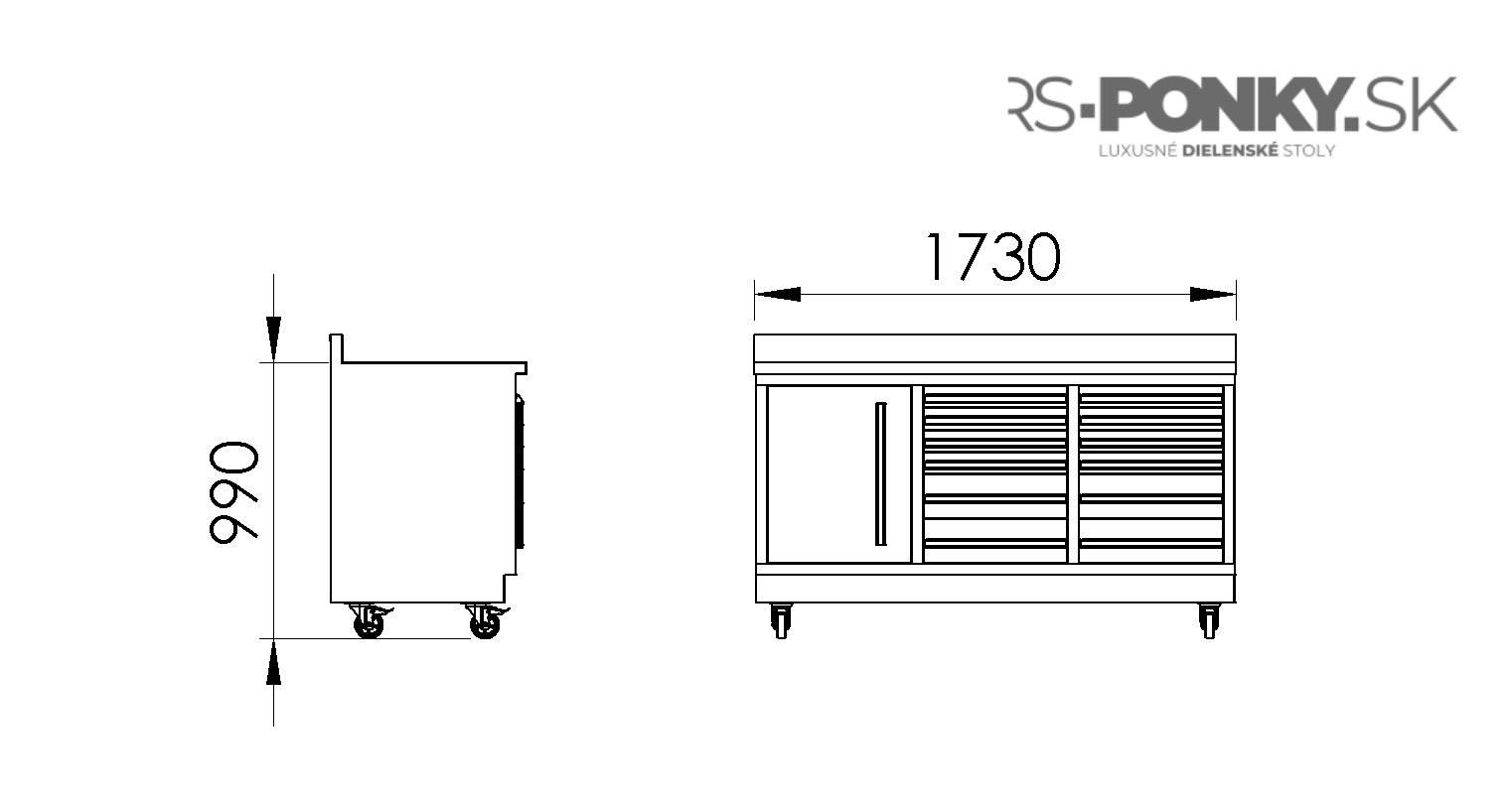 montáž 4ks koliesok 125mm na dielenský ponk dĺžky 173cm